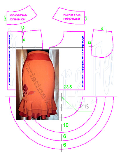 Выкройка юбки на кокетке с воланами от школы шитья Christina Fee http://www.christinafee.net/the-skirt-pattern-at-the-yoke-with-frill